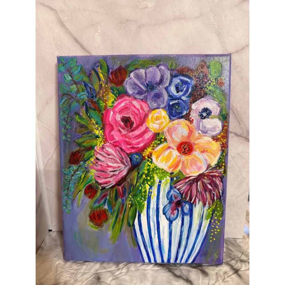 Original Floral Acrylic Painting Stretched Canvas Blue Striped Vase Wall Art